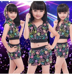 Rainbow neon colored hoodies girls kids children stage performance school play jazz hip hop modern dancing costumes outfits